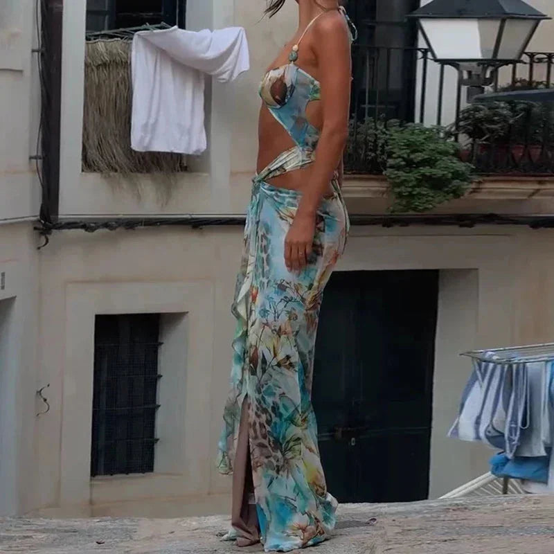 Robe Longue Turquoise Été Imprimé Animal Découpes | ROBEMODE