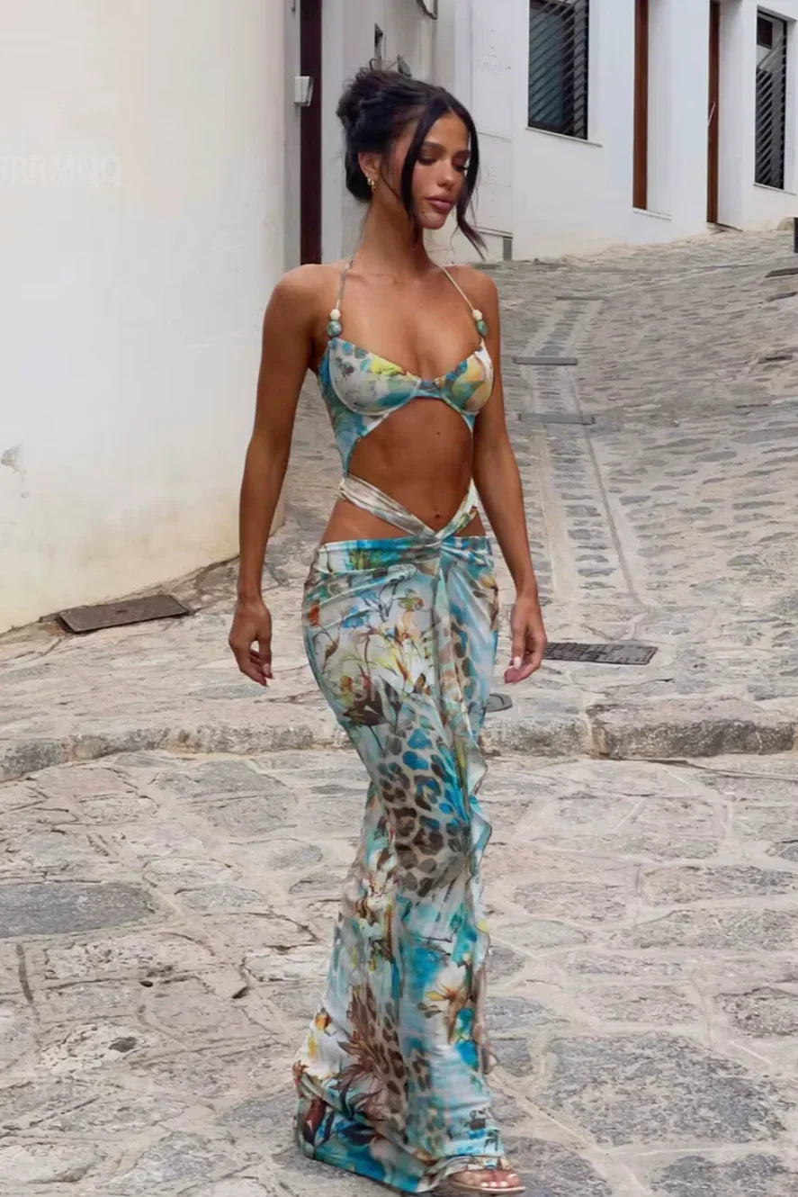 Robe Longue Turquoise Été Imprimé Animal Découpes | ROBEMODE