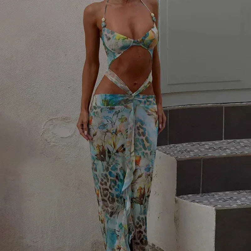 Robe Longue Turquoise Été Imprimé Animal Découpes | ROBEMODE