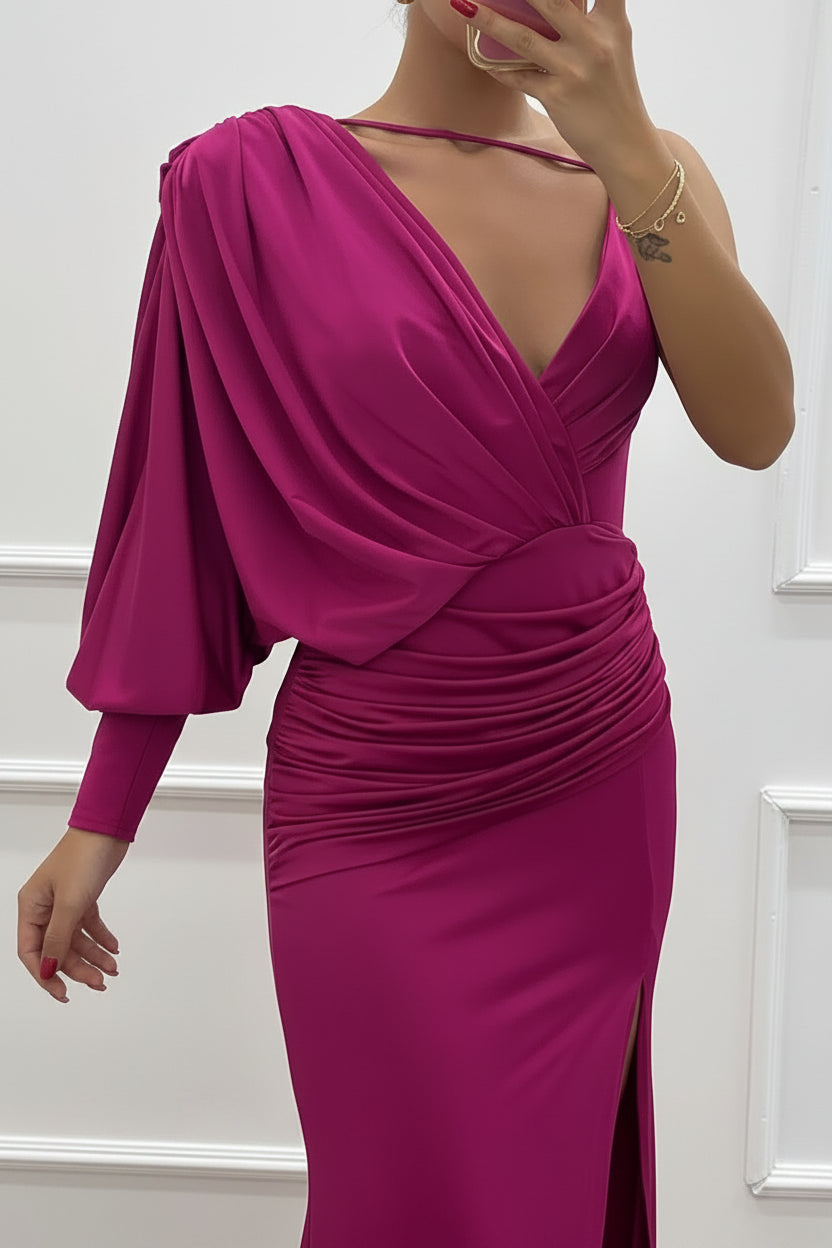 Robe soirée longue une épaule fendue avec drapé | ROBEMODE