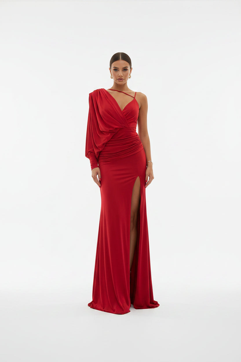 Robe soirée longue une épaule fendue avec drapé | ROBEMODE