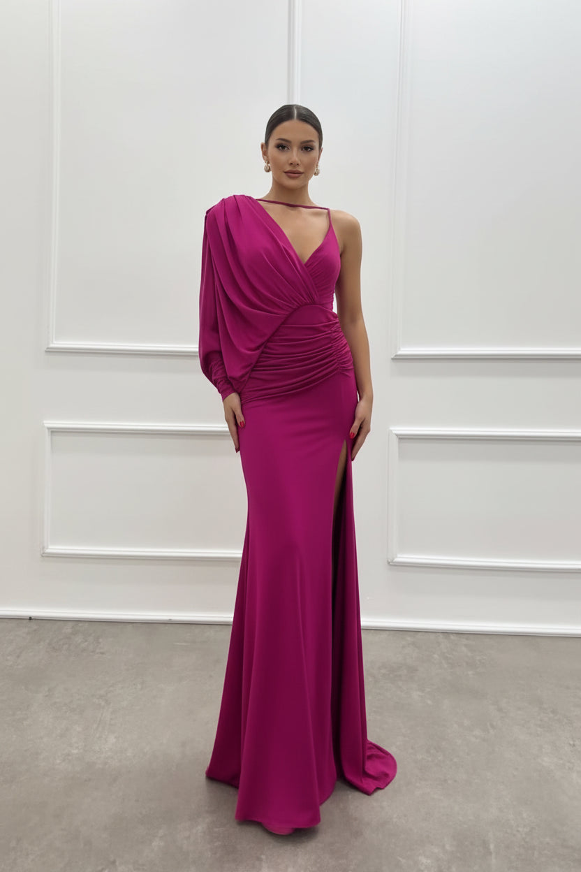 Robe soirée longue une épaule fendue avec drapé | ROBEMODE