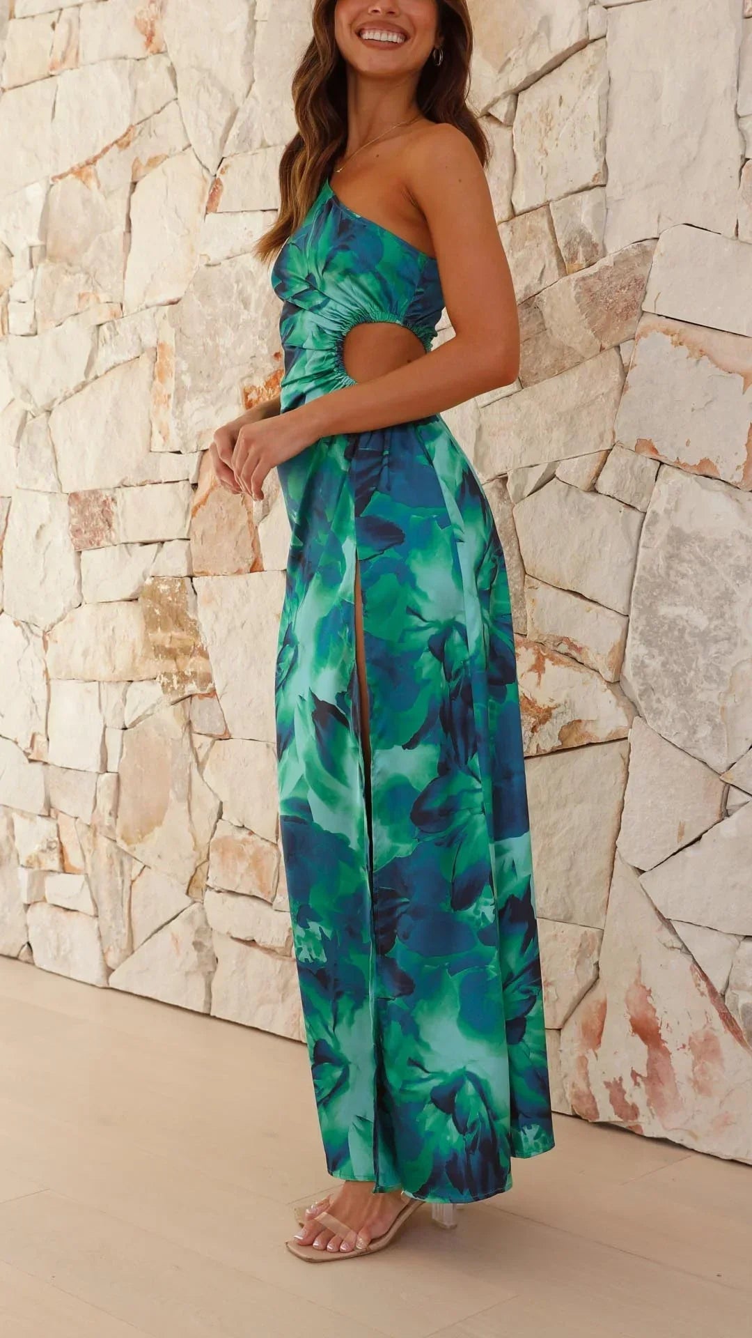 Robe Longue Verte Une Épaule Imprimé Floral Fente Soirée | ROBEMODE