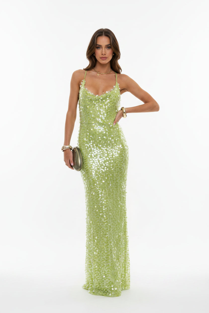 Robe Longue Sequins Verts Dos Nu Femme | Bretelles Fines Glamour Soirée | ROBEMODE