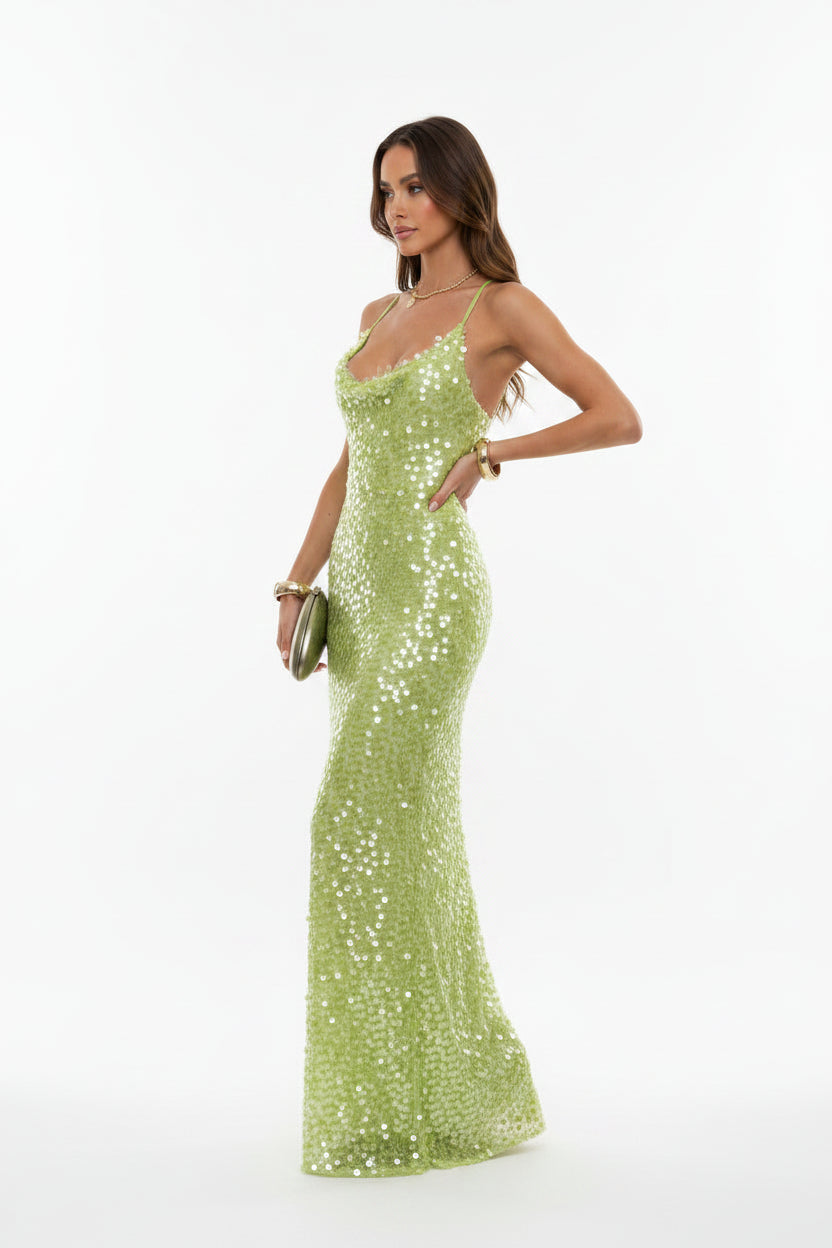 Robe Longue Sequins Verts Dos Nu Femme | Bretelles Fines Glamour Soirée | ROBEMODE