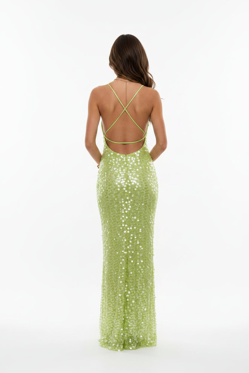 Robe Longue Sequins Verts Dos Nu Femme | Bretelles Fines Glamour Soirée | ROBEMODE