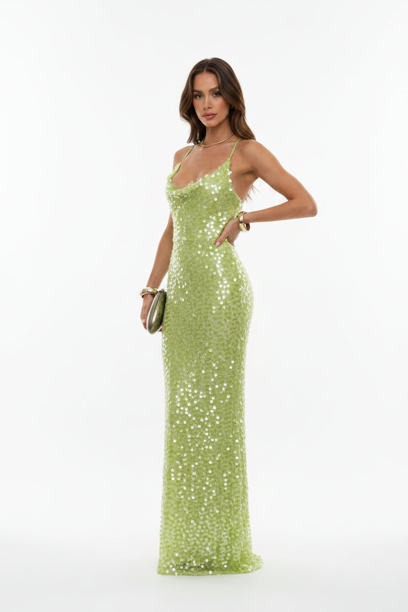 Robe Longue Sequins Verts Dos Nu Femme | Bretelles Fines Glamour Soirée | ROBEMODE
