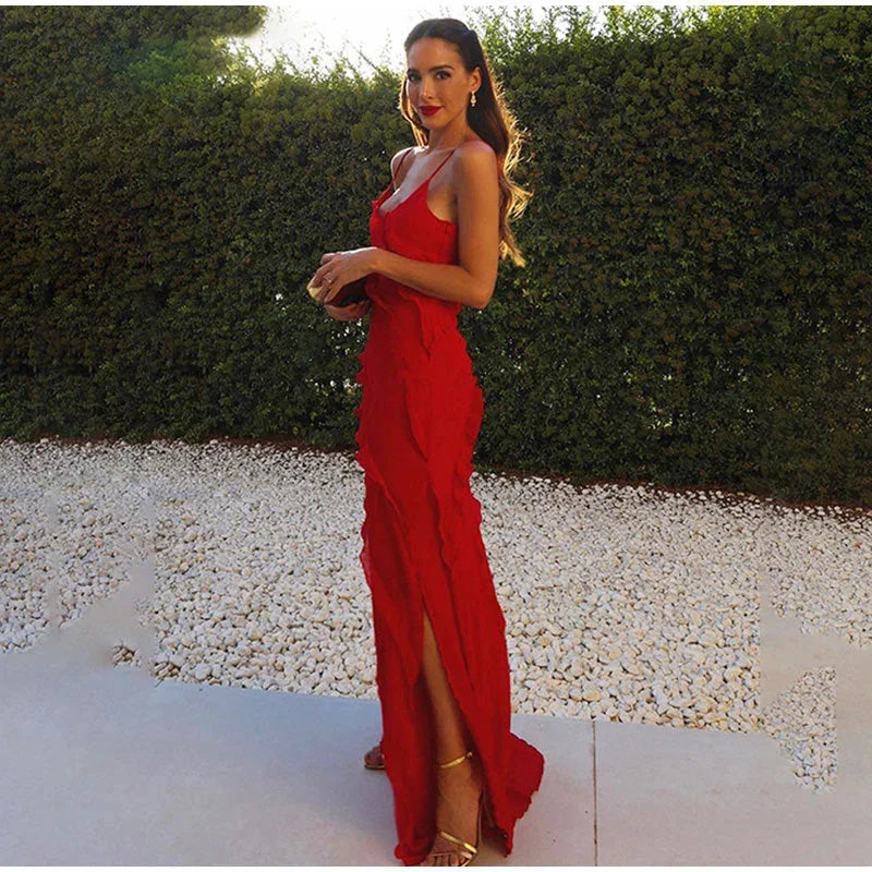 Robe longue volants asymétriques fines bretelles rouge | ROBEMODE