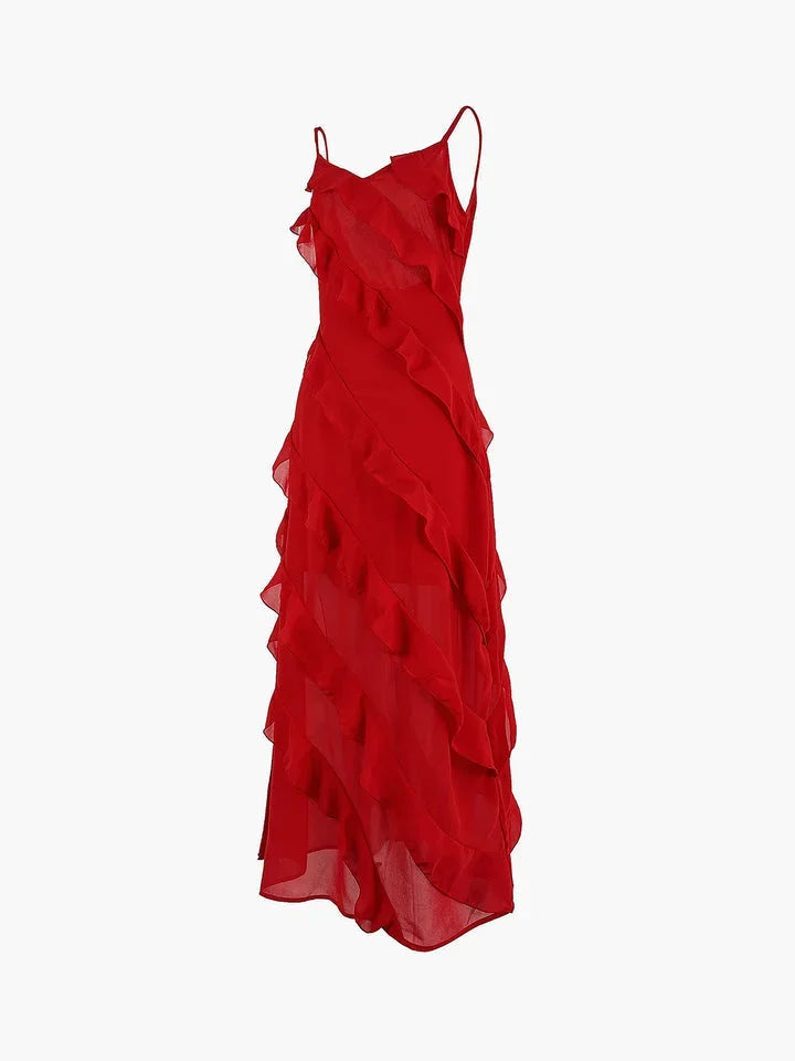 Robe longue volants asymétriques fines bretelles rouge | ROBEMODE