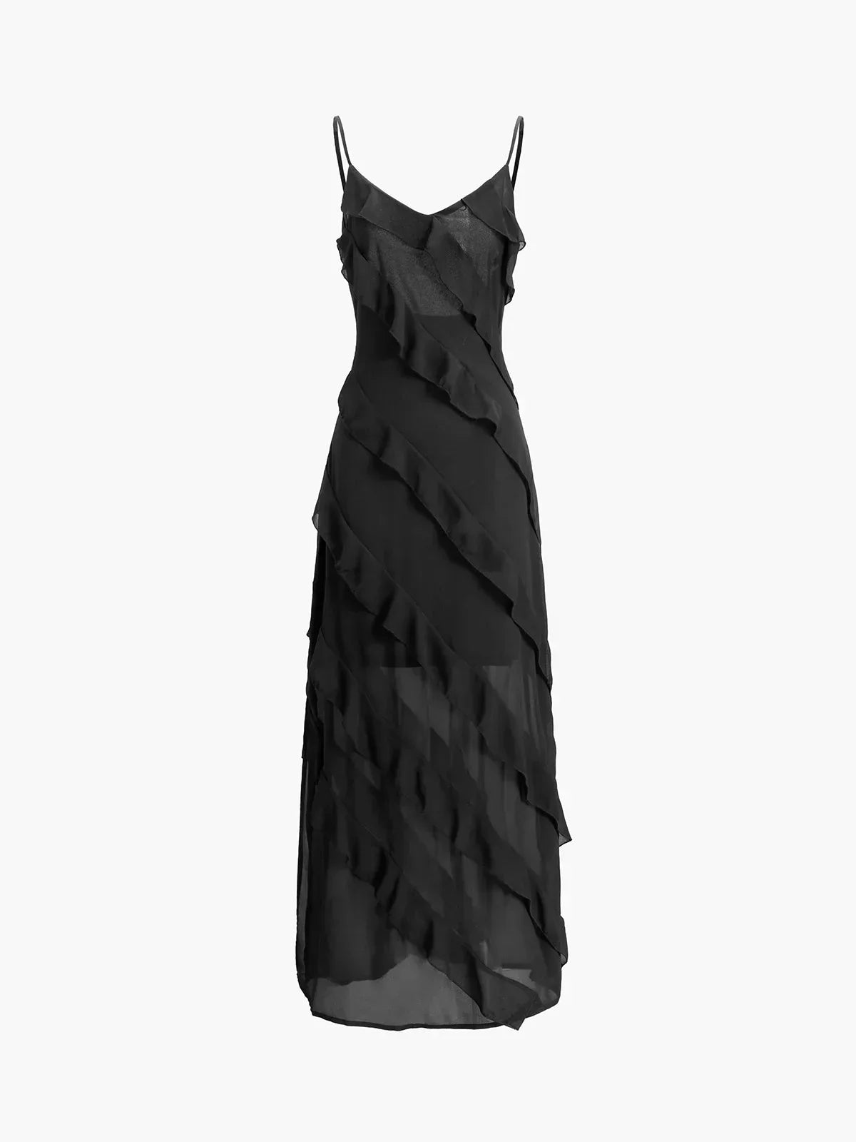 Robe longue volants asymétriques fines bretelles rouge | ROBEMODE