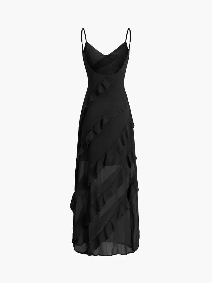 Robe longue volants asymétriques fines bretelles rouge | ROBEMODE