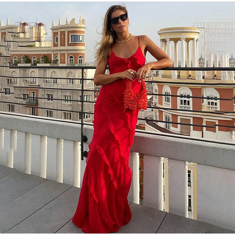 Robe longue volants asymétriques fines bretelles rouge | ROBEMODE
