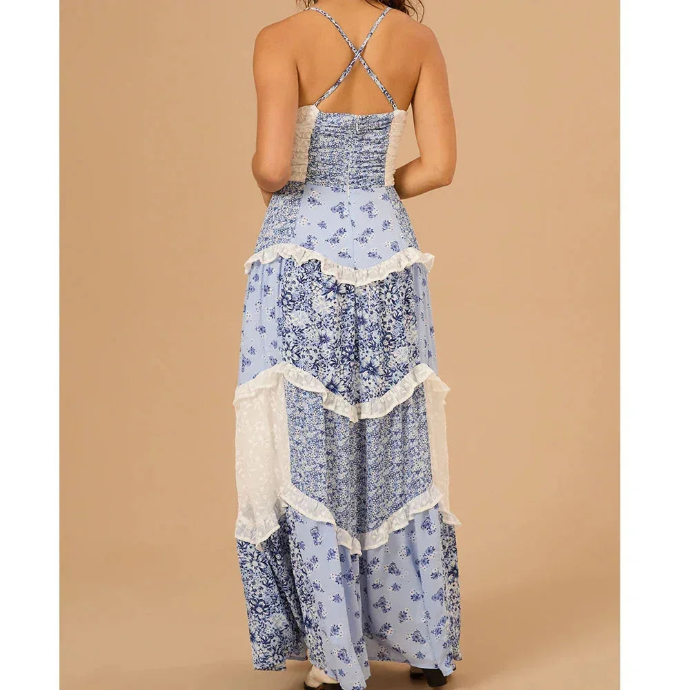 Robe Longue Femme Été Patchwork Floral Bretelles Fines Bohème | ROBEMODE