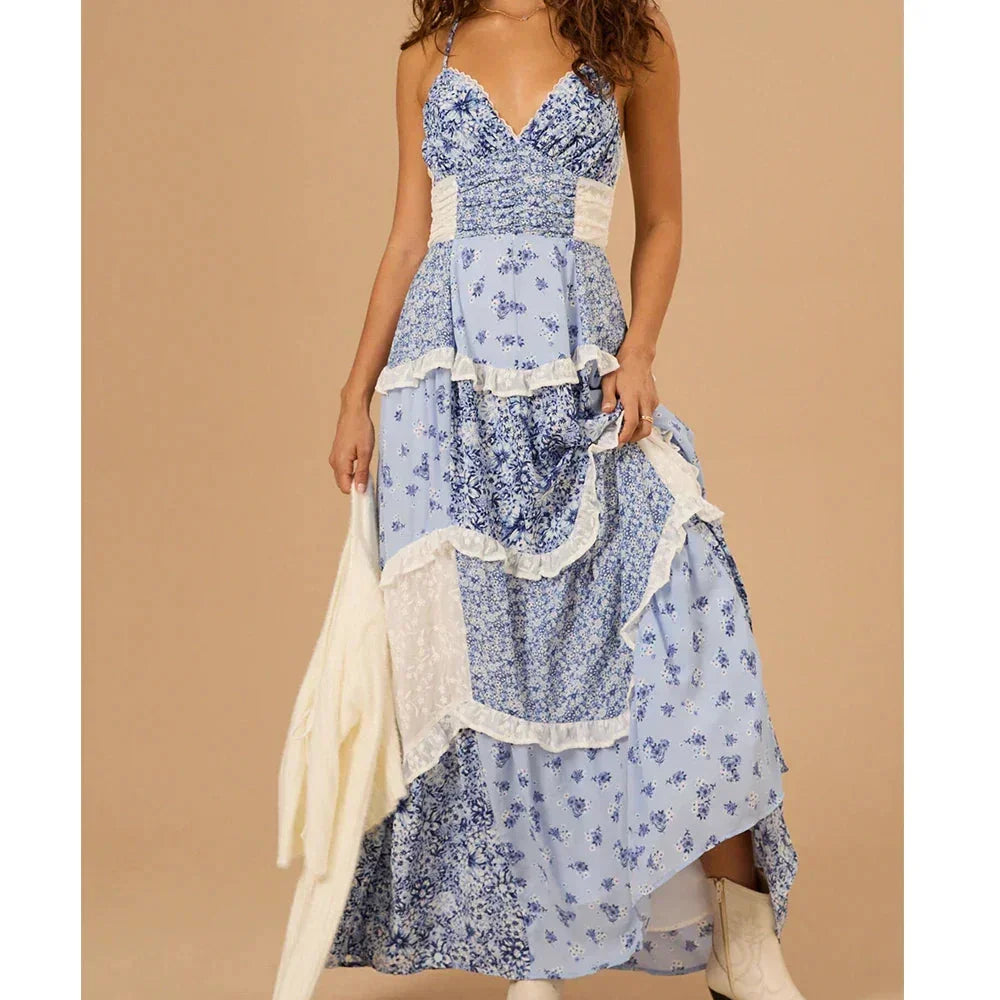 Robe Longue Femme Été Patchwork Floral Bretelles Fines Bohème | ROBEMODE