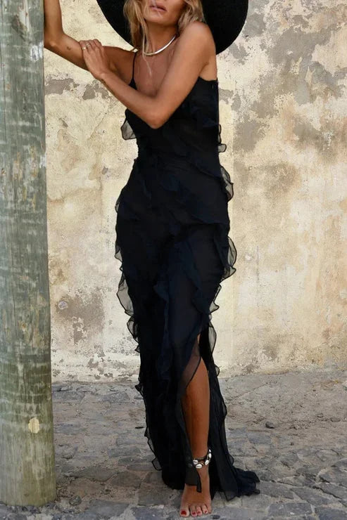 Robe longue femme sans manches avec volants et fente