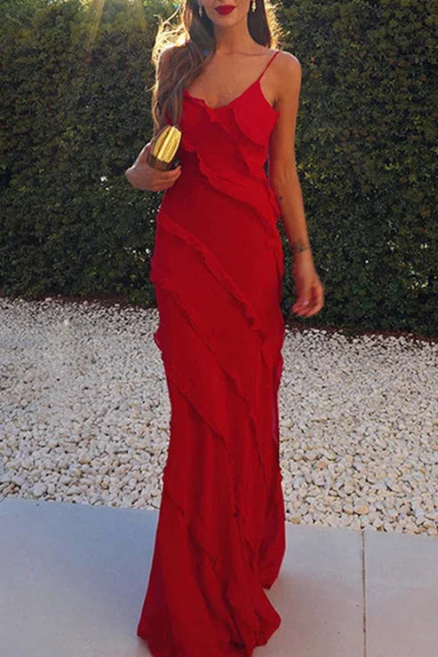 Robe Longue Femme Sans Manches Col V Volants et Fente | ROBEMODE