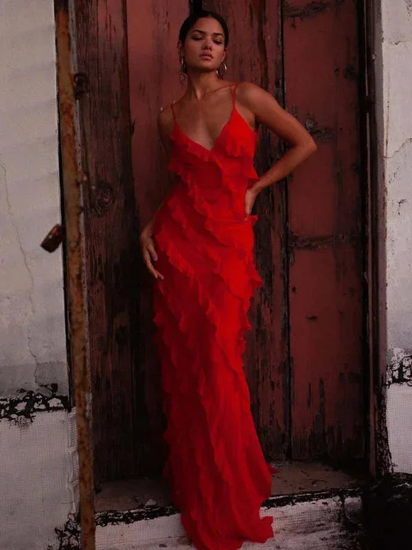 Robe longue femme volants bretelles fines été | Coupe féminine + Style élégant + Facile à accessoiriser – ROBEMODE