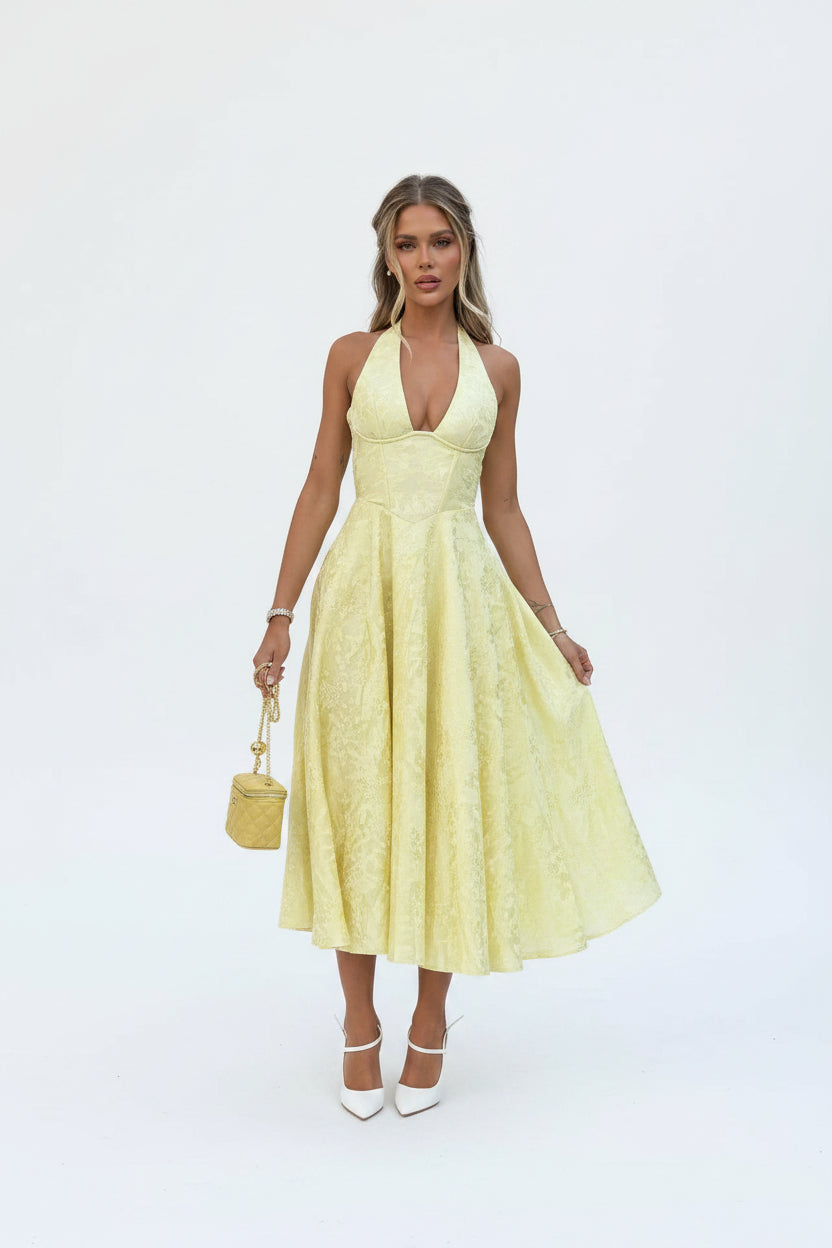 Robe Midi Jaune Dos Nu Jupe Plissée Soirée Été | ROBEMODE