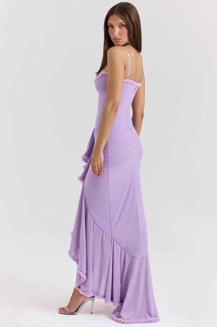 Robe Midi Ajustée Femme Volants Bretelles Fines Élégante | ROBEMODE