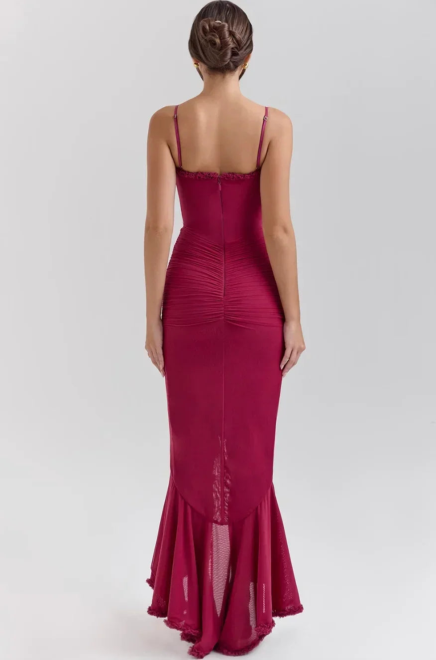Robe Midi Ajustée Femme Volants Bretelles Fines Élégante | ROBEMODE