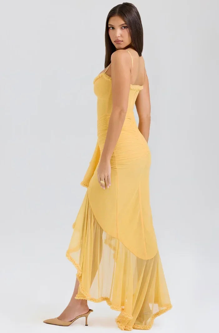 Robe Midi Ajustée Femme Volants Bretelles Fines Élégante | ROBEMODE