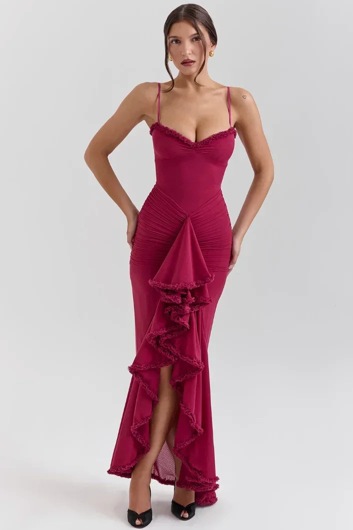 Robe Midi Ajustée Femme Volants Bretelles Fines Élégante | ROBEMODE