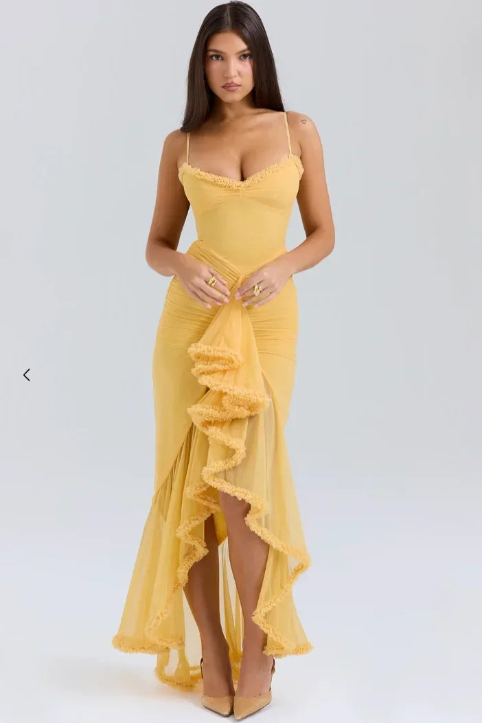 Robe Midi Ajustée Femme Volants Bretelles Fines Élégante | ROBEMODE