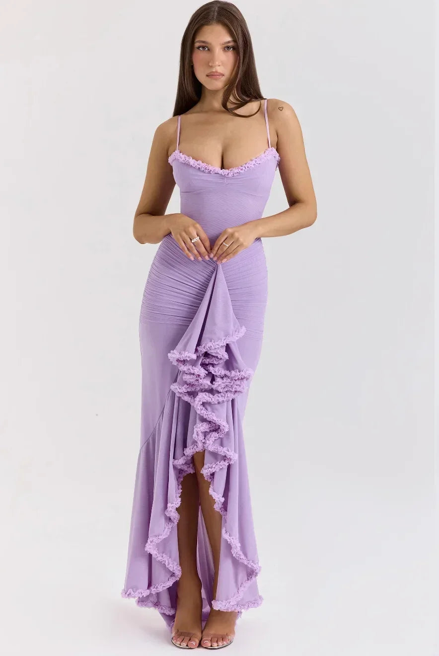 Robe Midi Ajustée Femme Volants Bretelles Fines Élégante | ROBEMODE