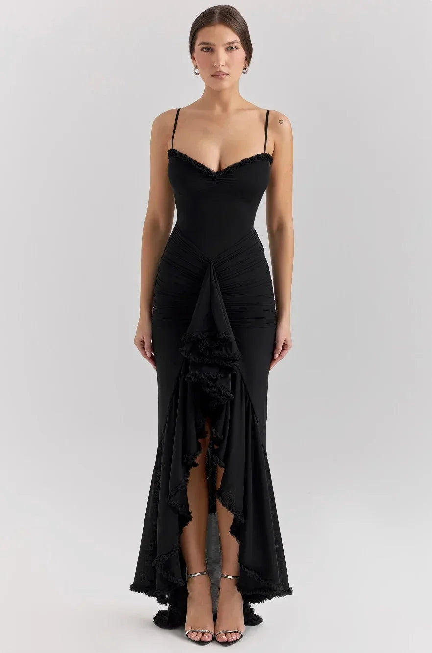 Robe Midi Ajustée Femme Volants Bretelles Fines Élégante | ROBEMODE