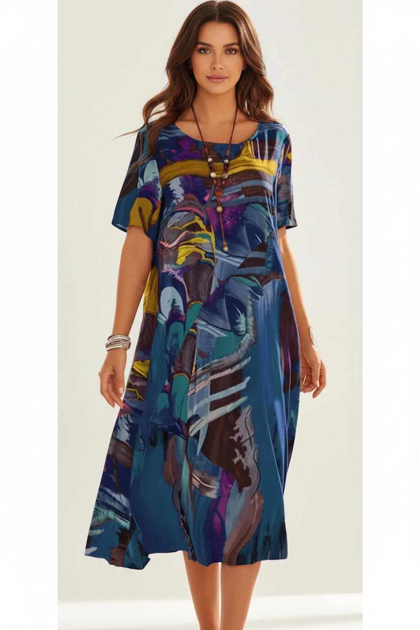 Robe Midi Ample Imprimé Manches Courtes Grande Taille S-5XL | ROBEMODE