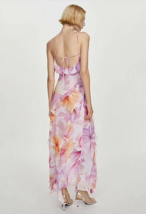 Robe Midi Femme Rose Florale Volants Bretelles Fines 1 Coloris | ROBEMODE