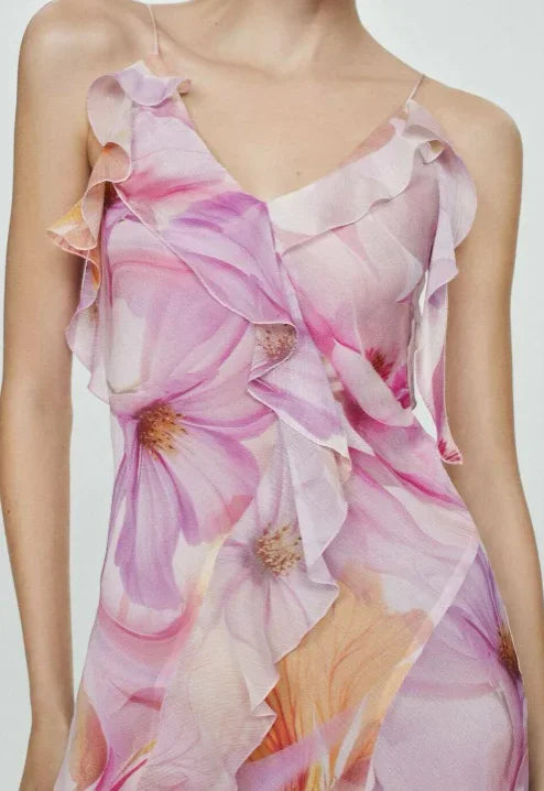Robe Midi Femme Rose Florale Volants Bretelles Fines 1 Coloris | ROBEMODE