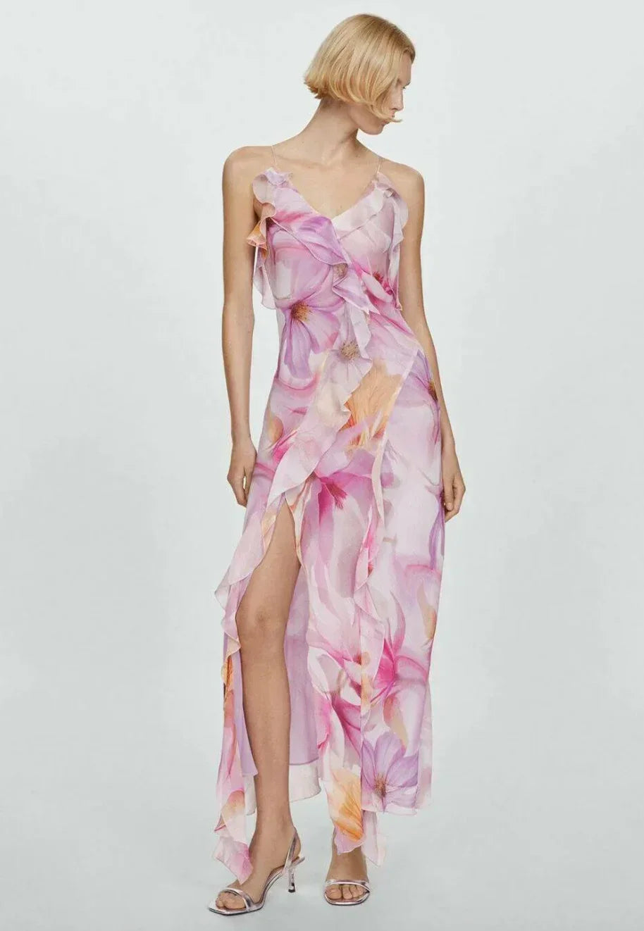 Robe Midi Femme Rose Florale Volants Bretelles Fines 1 Coloris | ROBEMODE
