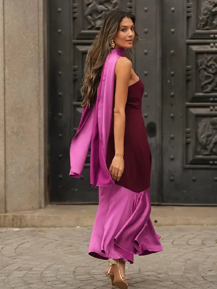 Robe midi asymétrique bordeaux col droit soirée | ROBEMODE