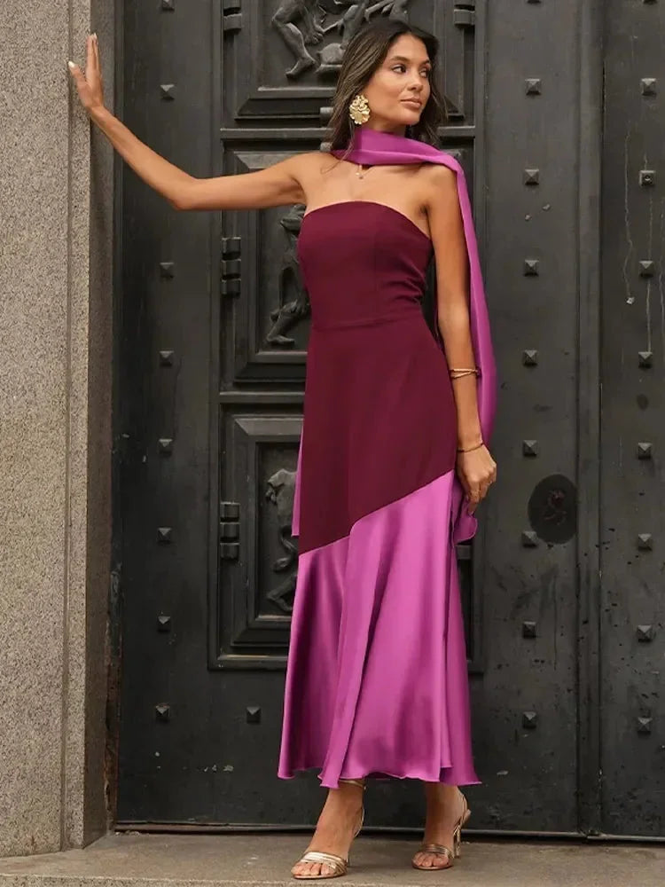 Robe midi asymétrique bordeaux col droit soirée | ROBEMODE