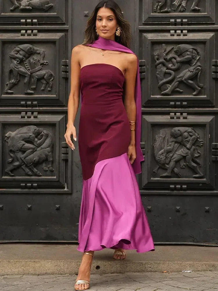 Robe midi asymétrique bordeaux col droit soirée | ROBEMODE