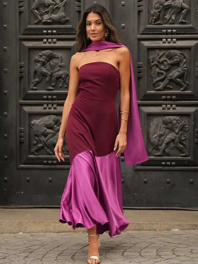 Robe midi asymétrique bordeaux col droit soirée | ROBEMODE