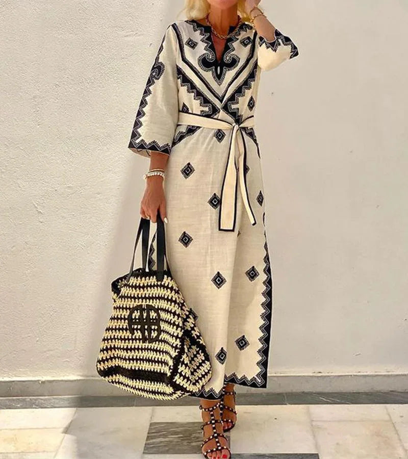 Robe midi femme motifs géométriques beige ceinture col V | Coupe féminine + Style élégant + Facile à accessoiriser – ROBEMODE