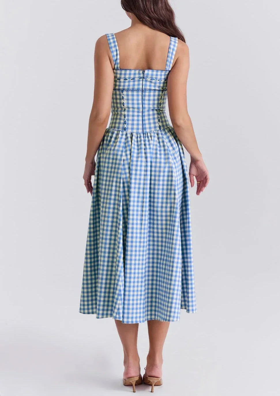 Robe Midi Carreaux Bleus Épaules Dénudées Été | ROBEMODE