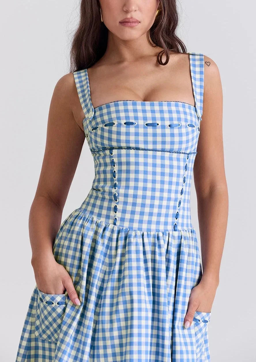 Robe Midi Carreaux Bleus Épaules Dénudées Été | ROBEMODE