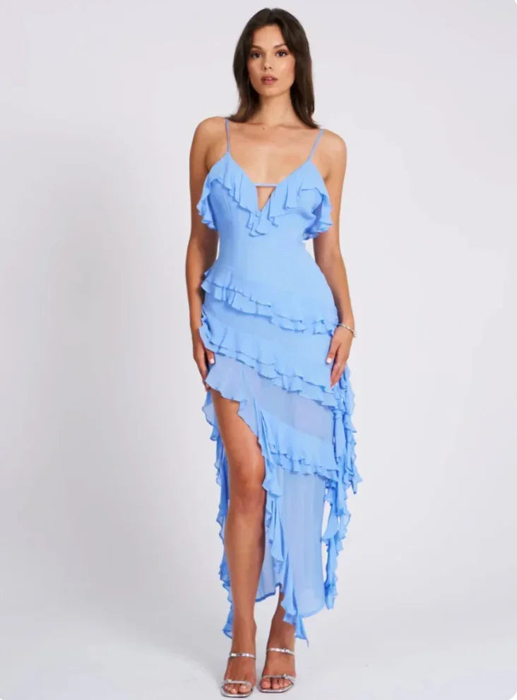 Robe midi femme bleue volants fente dos nu | Coupe féminine + Style élégant + Facile à accessoiriser – ROBEMODE