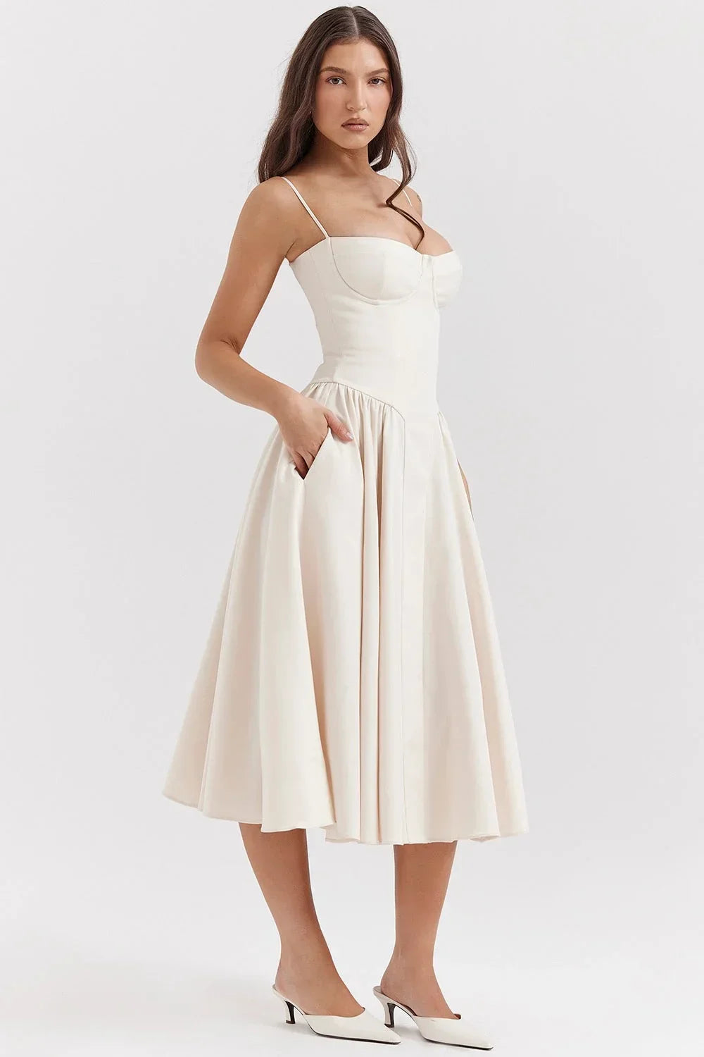 Robe Midi Évasée Bretelles Fines Poches 5 Coloris Femme | ROBEMODE