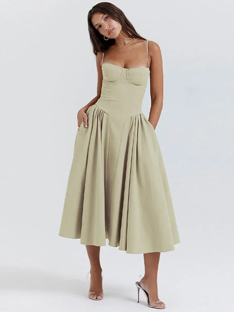 Robe midi femme évasée avec bretelles et poches