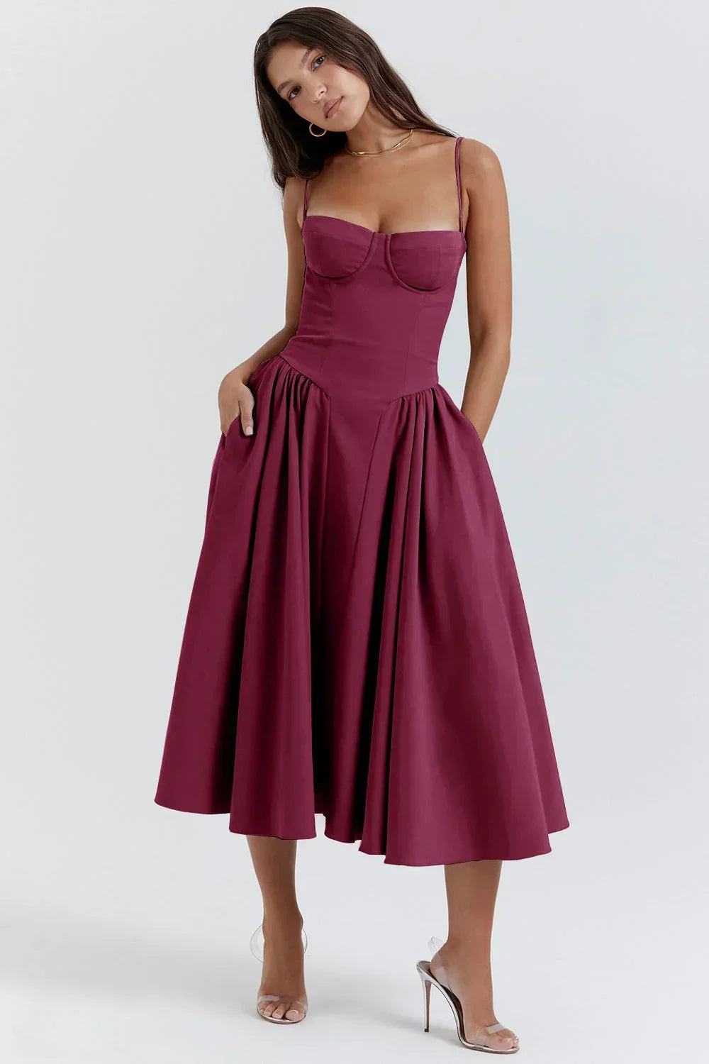 Robe Midi Évasée Bretelles Fines Poches 5 Coloris Femme | ROBEMODE