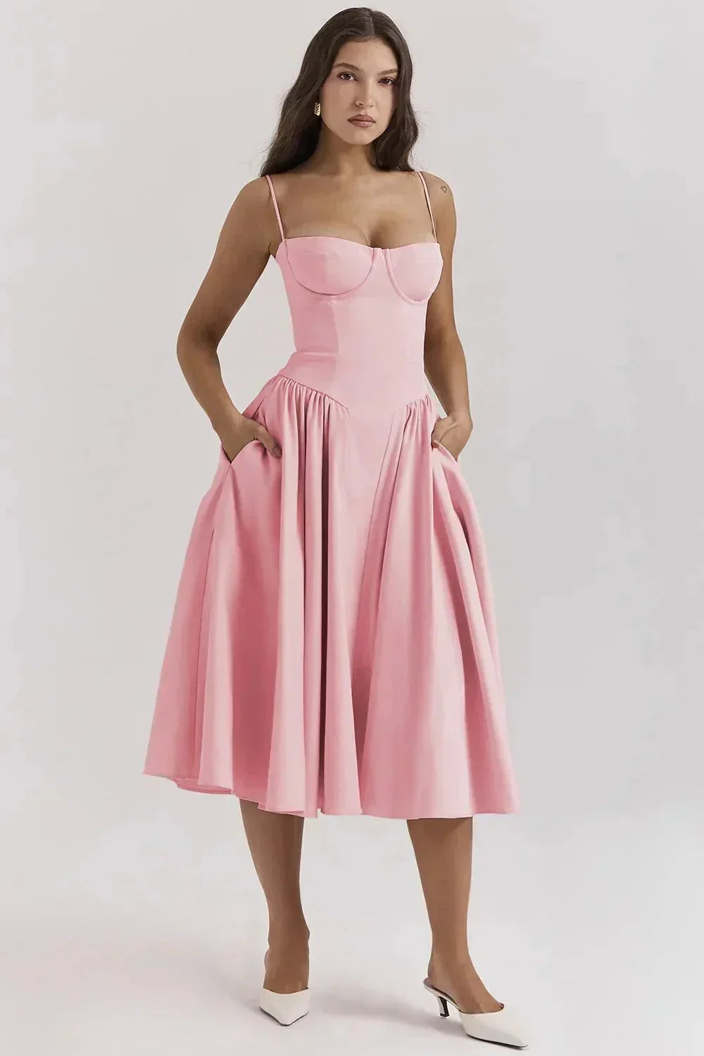 Robe Midi Évasée Bretelles Fines Poches 5 Coloris Femme | ROBEMODE