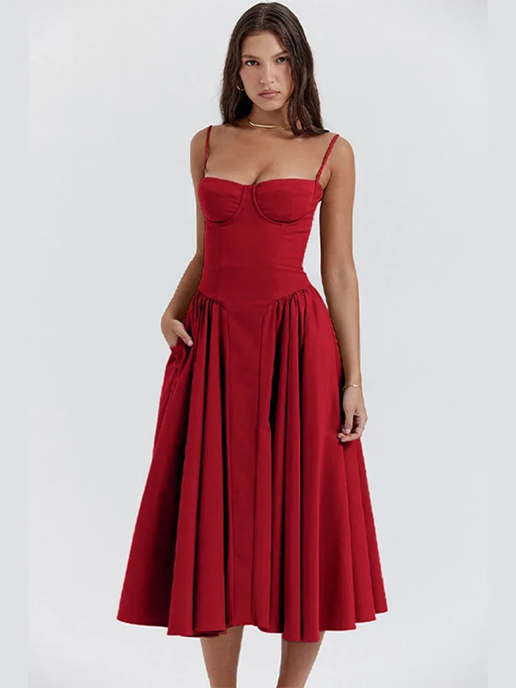 Robe Midi Évasée Bretelles Fines Poches 5 Coloris Femme | ROBEMODE