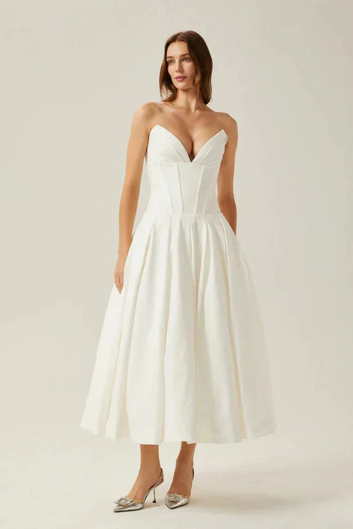 Robe midi bustier avec corset coupe évasée soirée | ROBEMODE