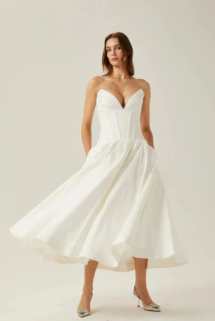 Robe midi bustier avec corset coupe évasée soirée | ROBEMODE