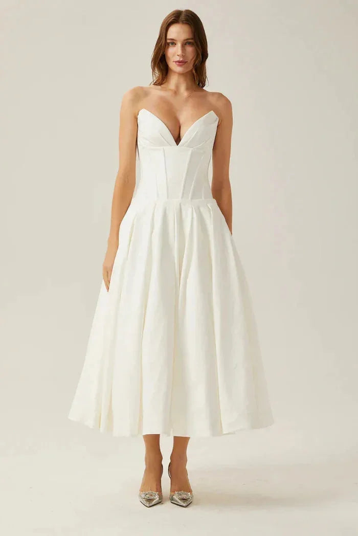 Robe midi bustier avec corset coupe évasée soirée | ROBEMODE
