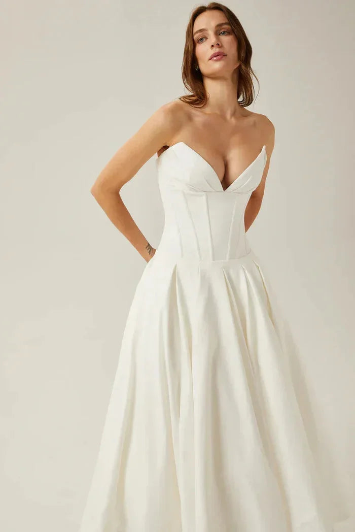 Robe midi bustier avec corset coupe évasée soirée | ROBEMODE